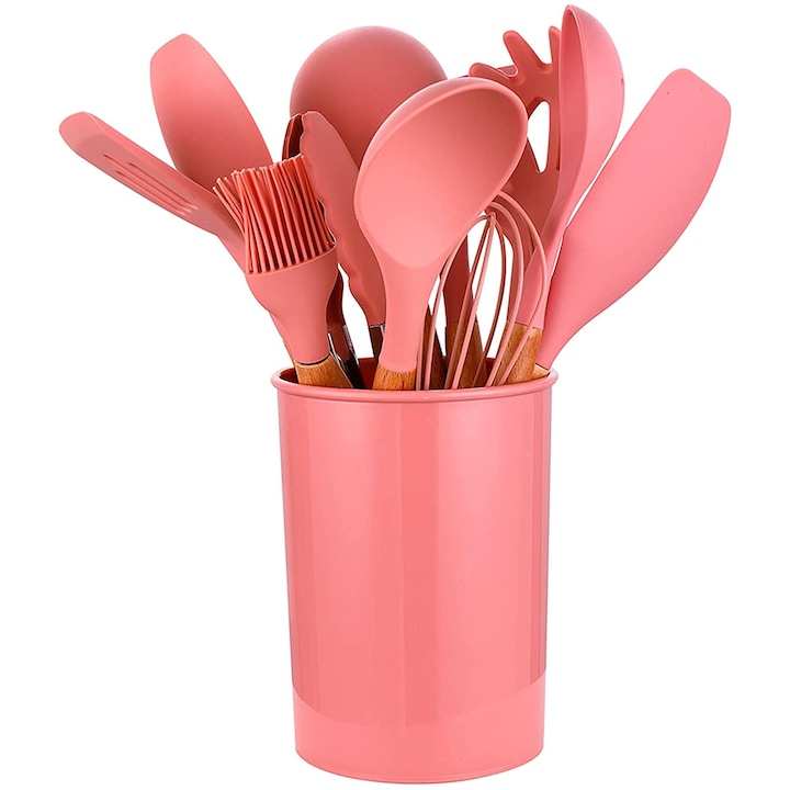 Set 12 Ustensile Bucatarie Koken, Lemn/Silicon, Suport Plastic, Antiaderente, Termorezistente,Roz + Suport Lingura - Roz