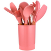 Set 12 Ustensile Bucatarie Koken, Lemn/Silicon, Suport Plastic, Antiaderente, Termorezistente,Roz + Suport Lingura - Roz