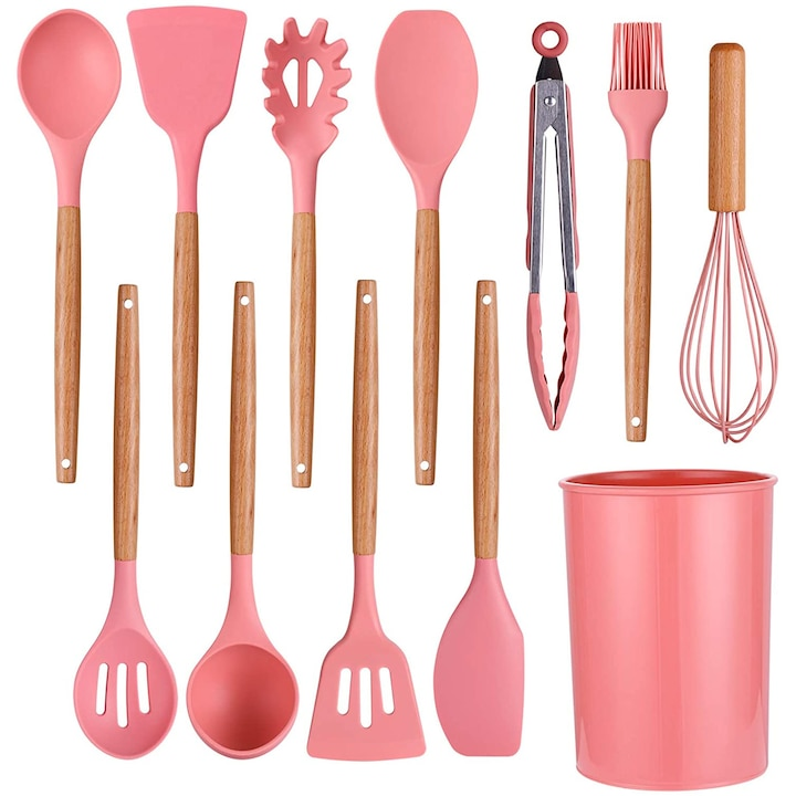 Set 12 Ustensile Bucatarie Koken, Lemn/Silicon, Suport Plastic, Antiaderente, Termorezistente,Roz + Suport Lingura - Roz
