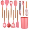 Set 12 Ustensile Bucatarie Koken, Lemn/Silicon, Suport Plastic, Antiaderente, Termorezistente,Roz + Suport Lingura - Roz