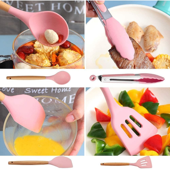 Set 12 Ustensile Bucatarie Koken, Lemn/Silicon, Suport Plastic, Antiaderente, Termorezistente,Roz + Suport Lingura - Roz