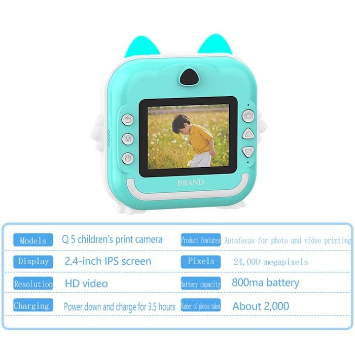 Camera instantanee pentru copii Mini imprimanta termica, idepet®, si3 role hartie 57x27mm, cablu USB, Bluetooth, compatibil iOS/Android, imprimare APP, Albastru