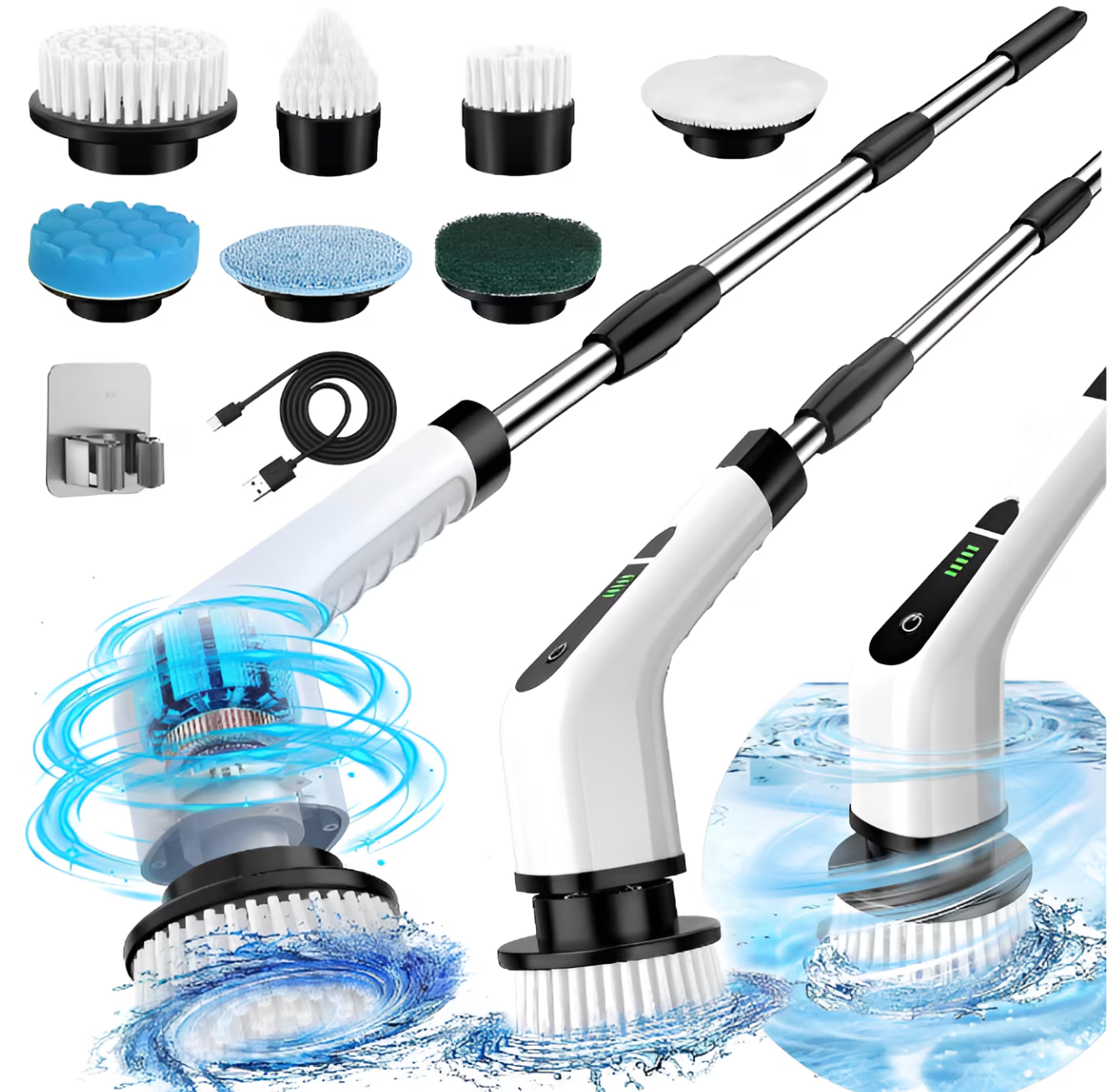 Perie electrica rotativa pentru curatare eficienta fara efort, maner extensibil, baterie reincarcabila si functionalitate fara fir pana la 2h, pentru diverse suprafete, cu 7 capete detasabile, 380 Rotatii pe Minut, Alb cu Gri
