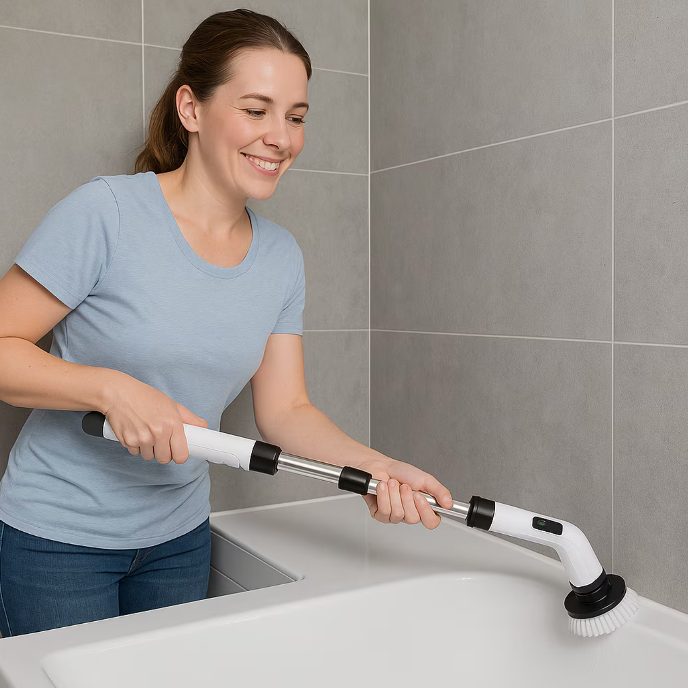 Perie electrica rotativa pentru curatare eficienta fara efort, maner extensibil, baterie reincarcabila si functionalitate fara fir pana la 2h, pentru diverse suprafete, cu 7 capete detasabile, 380 Rotatii pe Minut, Alb cu Gri