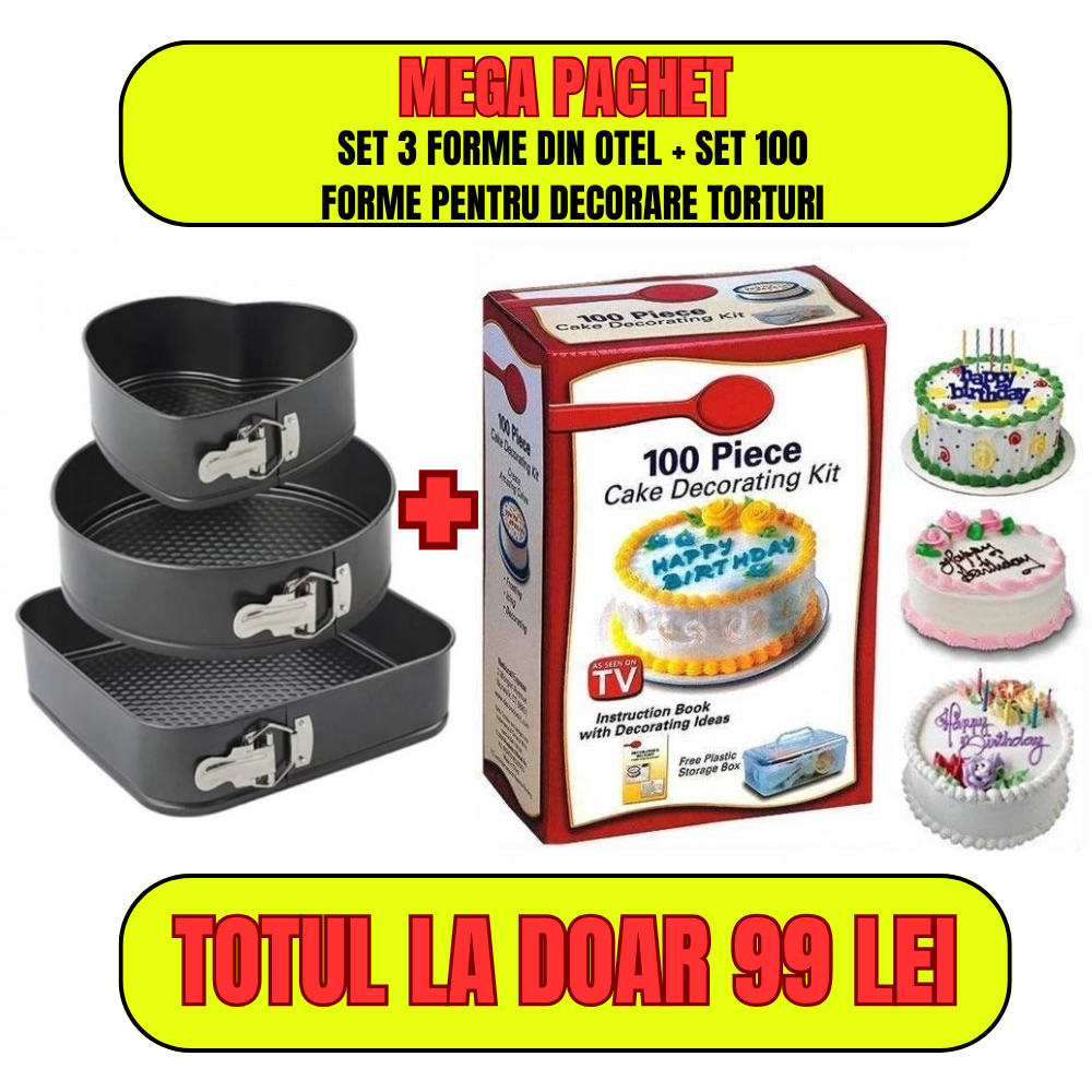 MEGA PACHET: SET 3 FORME DIN OTEL + SET 100 FORME PENTRU DECORARE TORTURI
