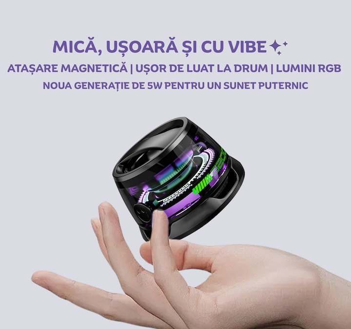 Boxa portabila Bluetooth  G200, 5W, prindere MagSafe & inel magnetic, suport telefon 2 in 1, lumini RGB, pana la 6h autonomie, compatibila Apple/Android, audio HD cu difuzor full-range de 40mm, dual sound, compacta, negru