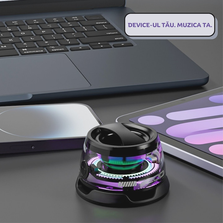 Boxa portabila Bluetooth  G200, 5W, prindere MagSafe & inel magnetic, suport telefon 2 in 1, lumini RGB, pana la 6h autonomie, compatibila Apple/Android, audio HD cu difuzor full-range de 40mm, dual sound, compacta, negru