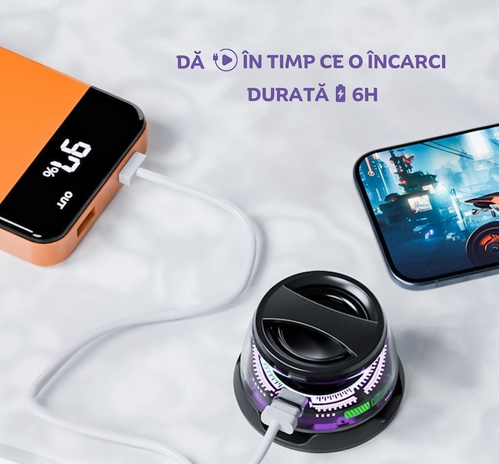 Boxa portabila Bluetooth  G200, 5W, prindere MagSafe & inel magnetic, suport telefon 2 in 1, lumini RGB, pana la 6h autonomie, compatibila Apple/Android, audio HD cu difuzor full-range de 40mm, dual sound, compacta, negru