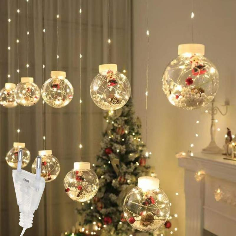 Instalatie Craciun Perdea Luminoasa SIKS Tip Glob Cu Conuri Brad, 10 Figurine Mos Craciun, Interconectabila, 8 Jocuri De Lumini, Alb Cald, 3m, 24V