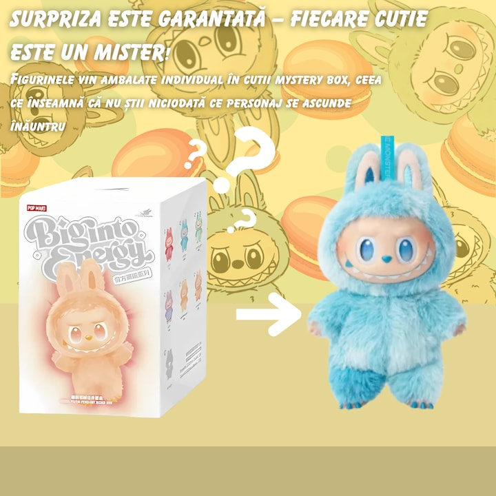 Jucarie de plus surpriza Labubu, din colectia Big into energy, design unic, 15 cm, breloc pentru atasare la geanta, chei sau ghiozdan