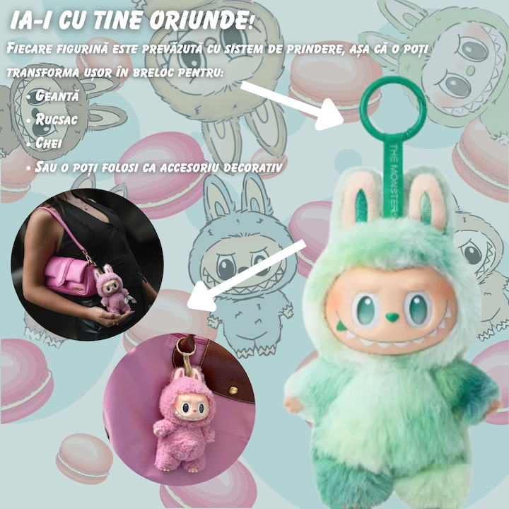 Jucarie de plus surpriza Labubu, din colectia Big into energy, design unic, 15 cm, breloc pentru atasare la geanta, chei sau ghiozdan