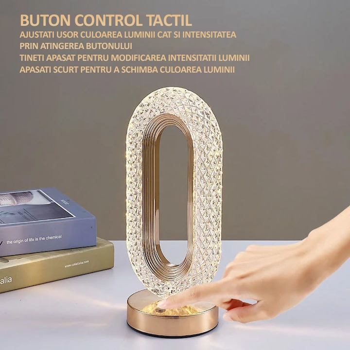 1+1 GRATIS : Lampa LED decorativa, veioza din cristal acrilic, lumina ambientala, 3 culori, alb rece/cald/neutru, control touch, reincarcabila, ovala