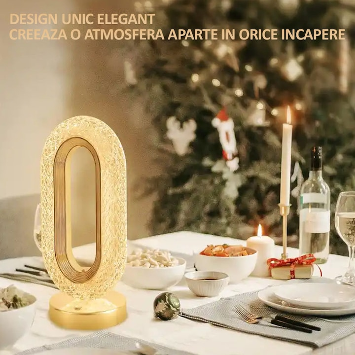 1+1 GRATIS : Lampa LED decorativa, veioza din cristal acrilic, lumina ambientala, 3 culori, alb rece/cald/neutru, control touch, reincarcabila, ovala