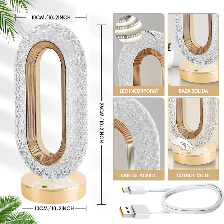 1+1 GRATIS : Lampa LED decorativa, veioza din cristal acrilic, lumina ambientala, 3 culori, alb rece/cald/neutru, control touch, reincarcabila, ovala