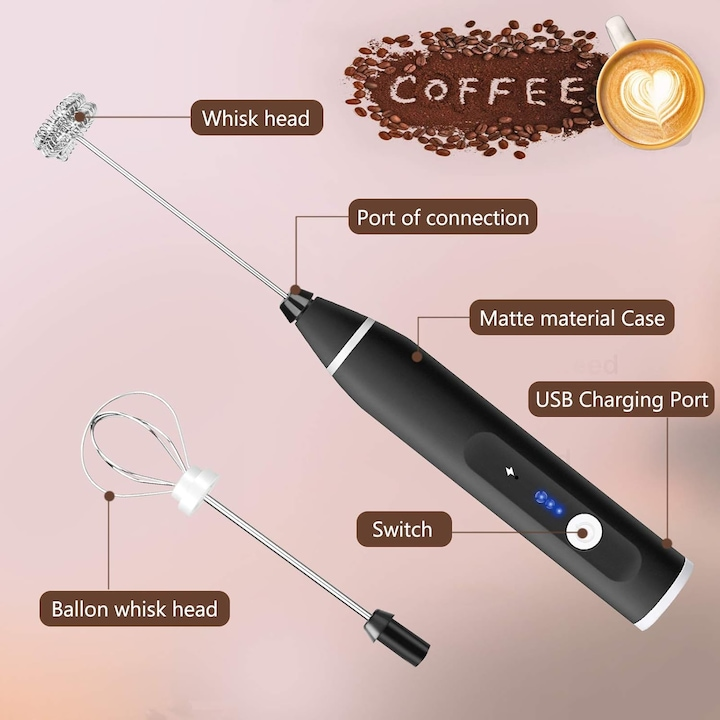 Mixer pentru lapte, 2 capete, 3 trepte de viteza, Negru