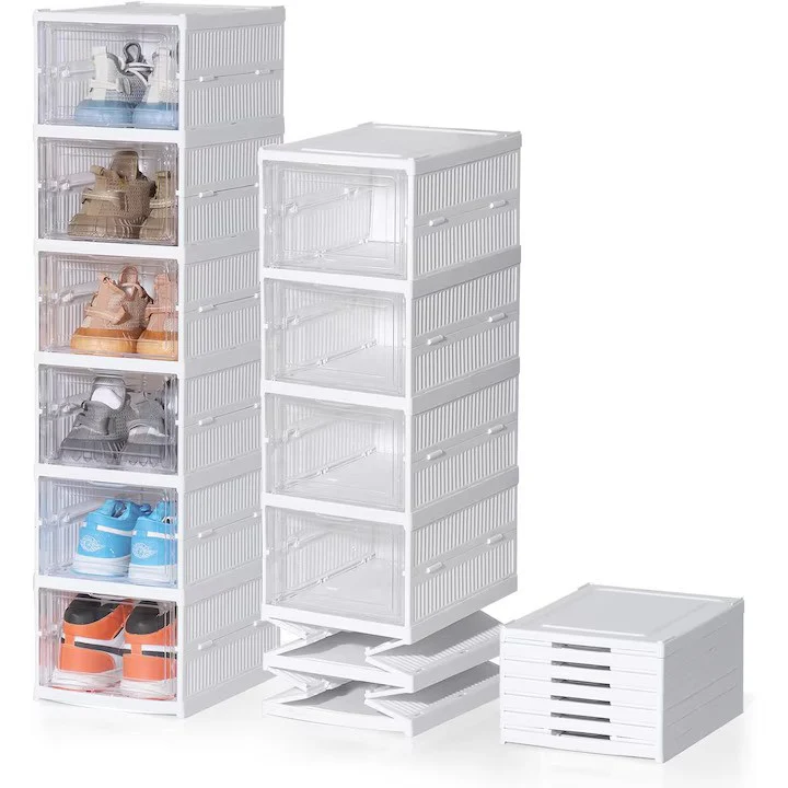 Cutii Organizatoare pentru incaltaminte, 6 compartimente, pliabile, design transparent, 34.5x25.5x105cm, alb