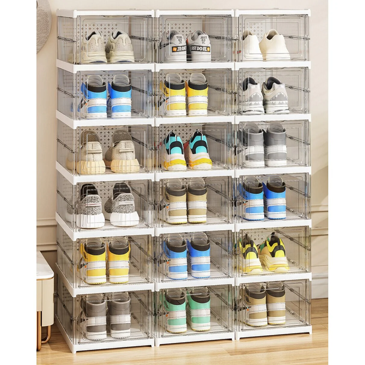 Cutii Organizatoare pentru incaltaminte, 6 compartimente, pliabile, design transparent, 34.5x25.5x105cm, alb