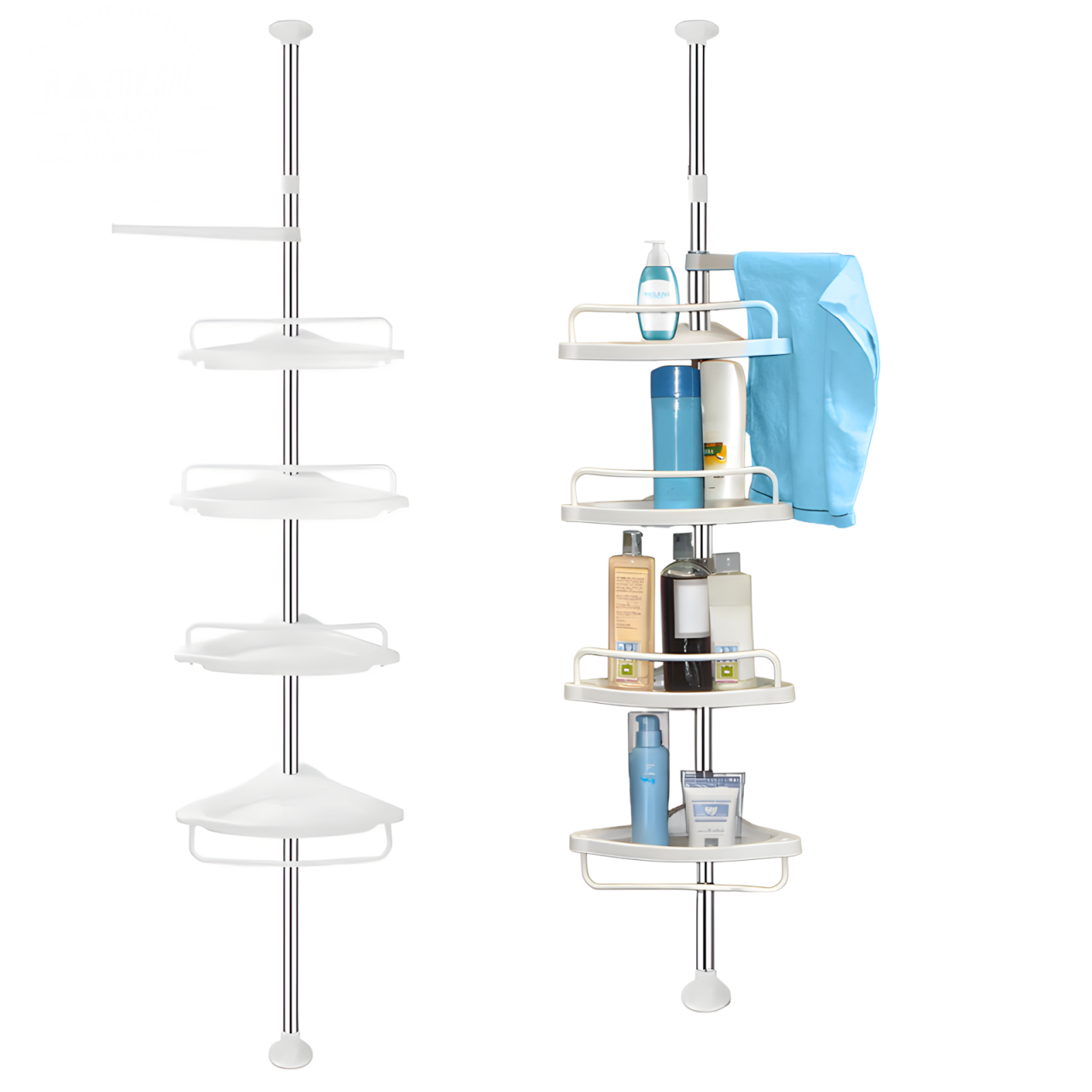 Raft telescopic baie, Etajera colt, 4 rafturi reglabile, otel inoxidabil, montaj fara gaurire, suport prosop, inaltime max. 320 cm, 15 kg
