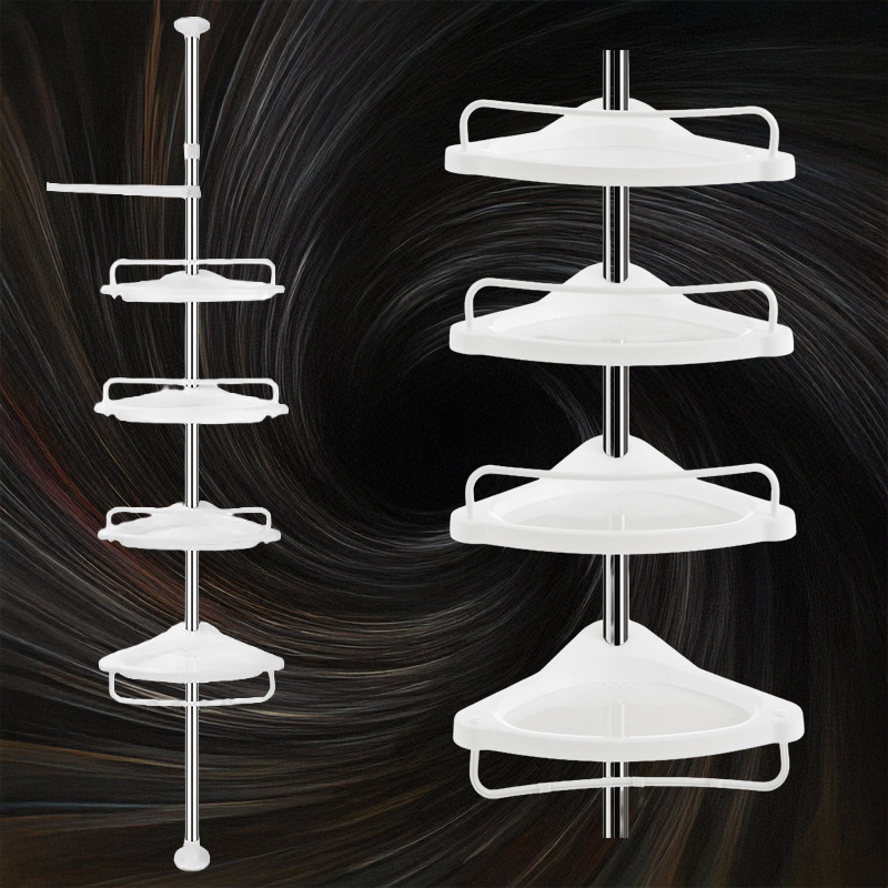 Raft telescopic baie, Etajera colt, 4 rafturi reglabile, otel inoxidabil, montaj fara gaurire, suport prosop, inaltime max. 320 cm, 15 kg