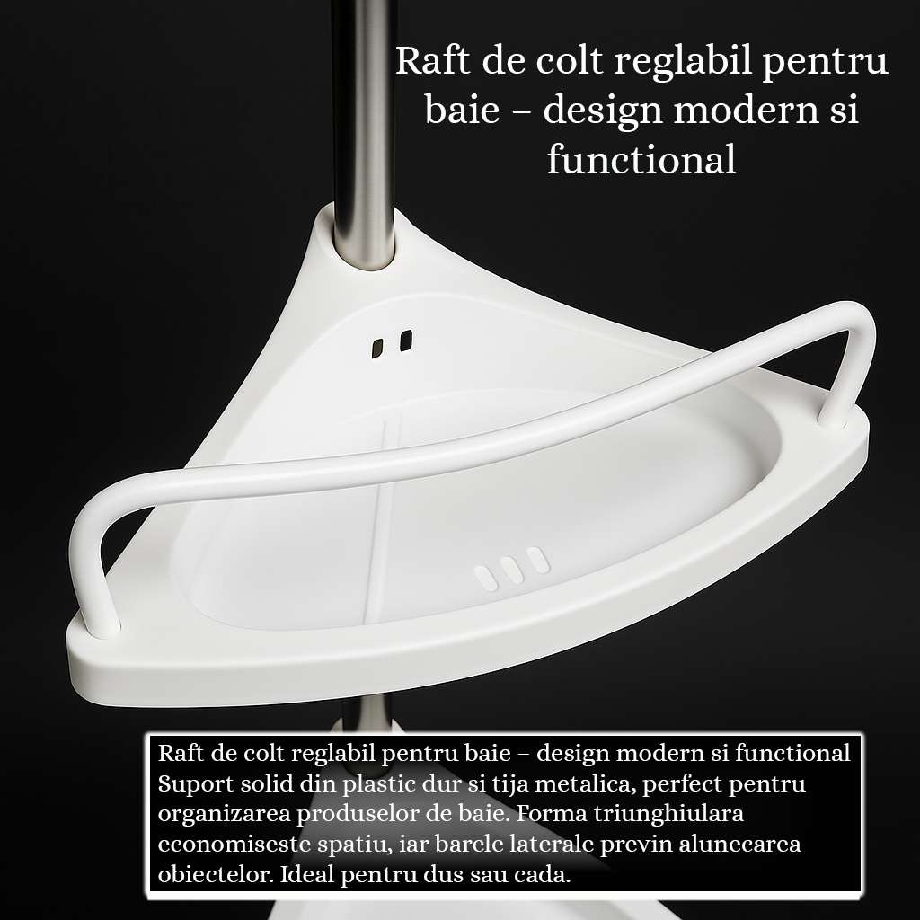 Raft telescopic baie, Etajera colt, 4 rafturi reglabile, otel inoxidabil, montaj fara gaurire, suport prosop, inaltime max. 320 cm, 15 kg