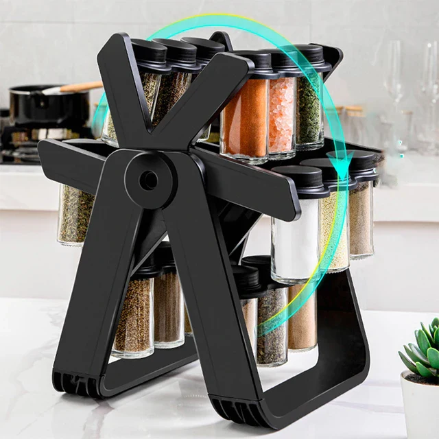 Set 18 recipiente condimente cu suport rotativ, 34x23 cm, pivotant 360°, negru