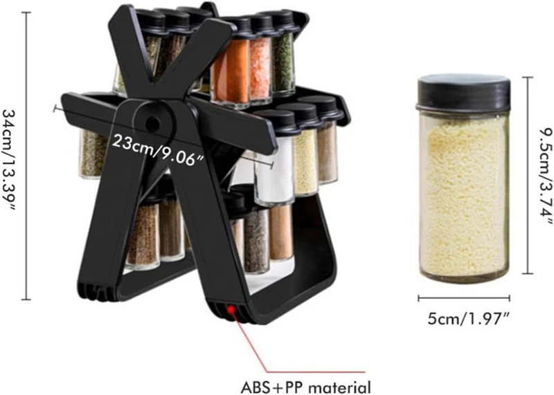 Set 18 recipiente condimente cu suport rotativ, 34x23 cm, pivotant 360°, negru