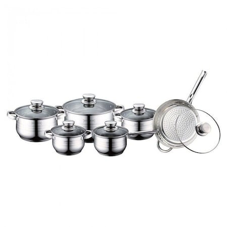Set oale si tigaie din inox cu capace, 12 piese, rezistente, practice, Royalty Line RL 1231