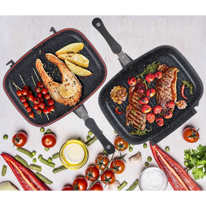 Tigaie Dublă cu Suprafață Anti-Aderentă, Grill și Clasică, Home Secret, 36 cm