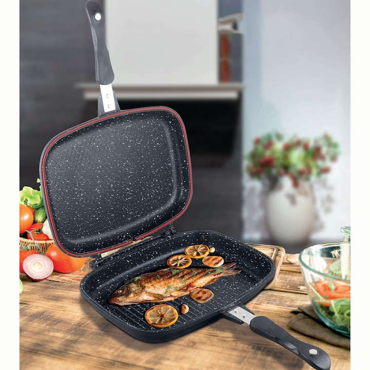 Tigaie Dublă cu Suprafață Anti-Aderentă, Grill și Clasică, Home Secret, 36 cm