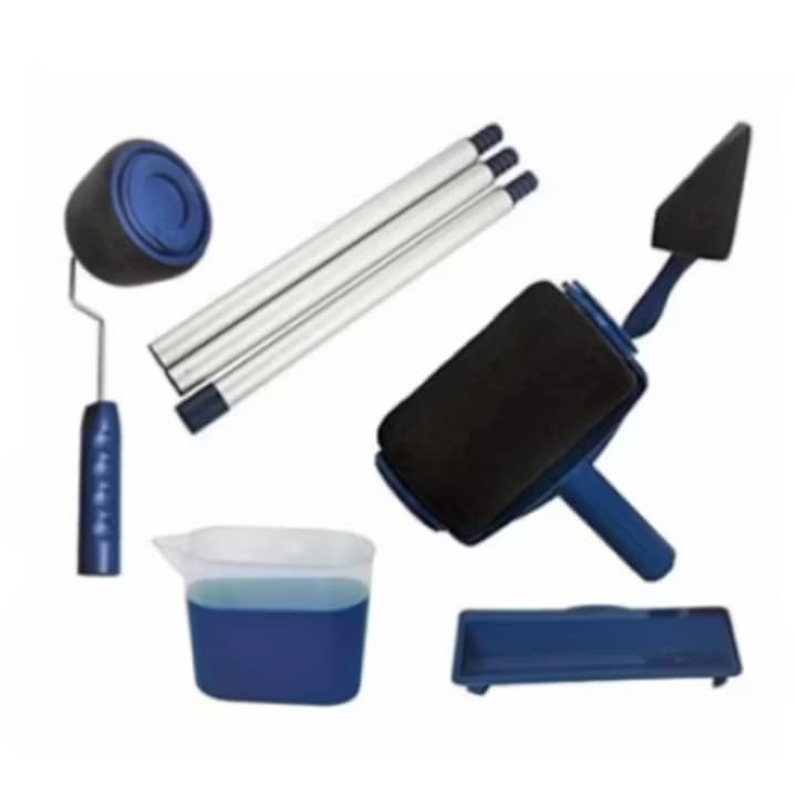 Set trafalet, cu umplere si rezervor cu recipient, brat extensibil si 2 accesorii pentru colturi, albastru